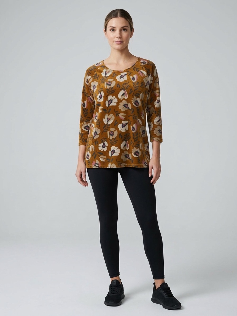 Gudrun Sjoden Mustard Floral Scoop-Neck velour Tunic Top
